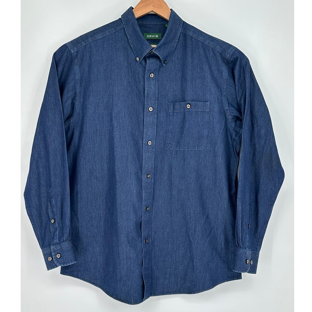 Orvis Mens Classic Fit Denim Button Down Shirt Long Sleeve Blue Cotton Large B5 - Picture 2 of 10